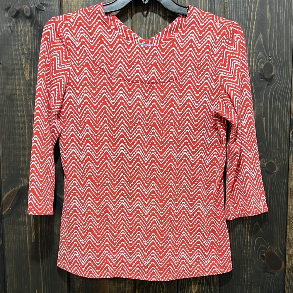 J. McLaughlin Top M Pink White Zig Zag Catalina Cloth 3/4 Blouse Relaxed Chevron